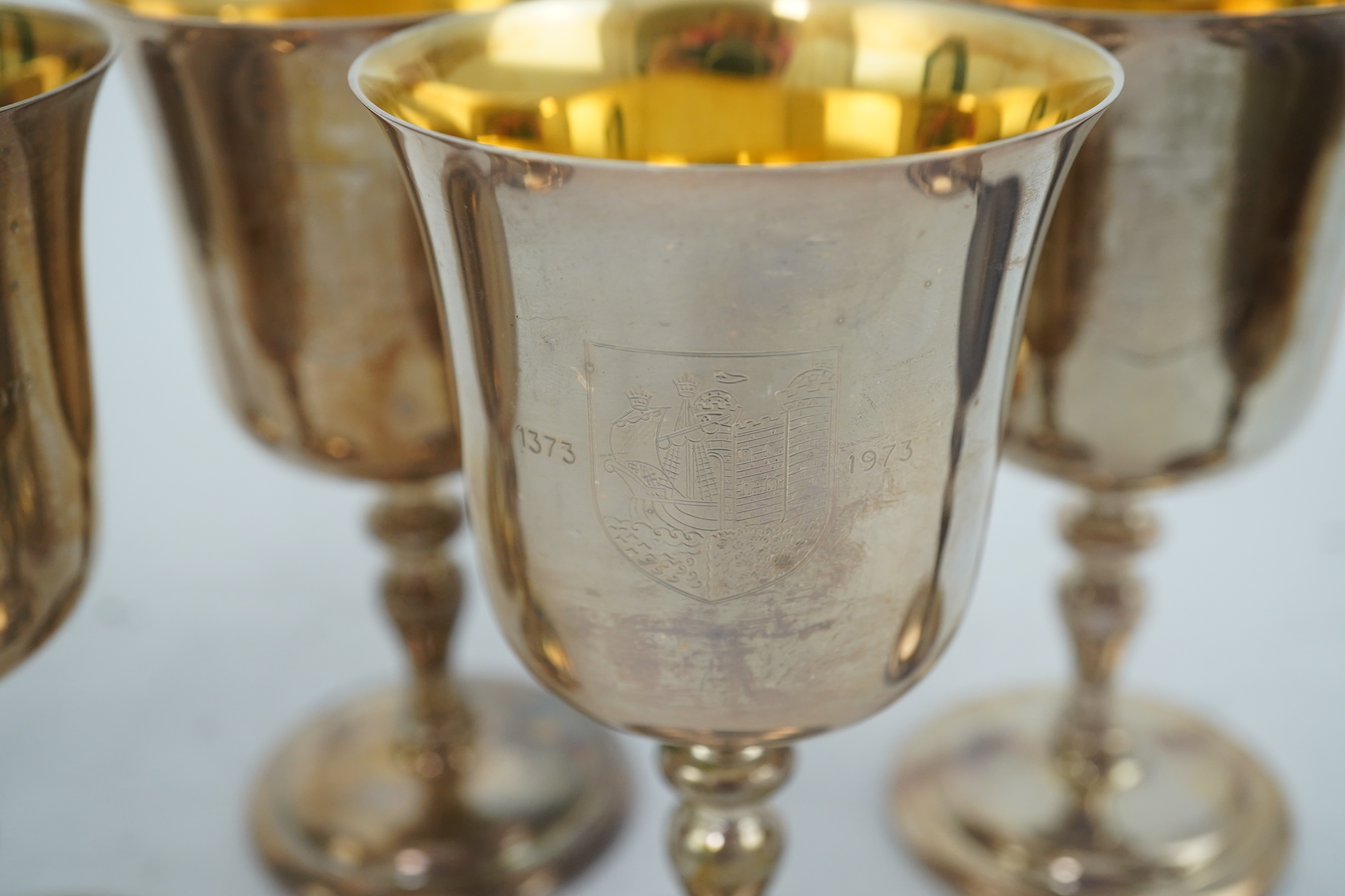 A cased set of six limited edition Elizabeth II silver Bristol Charter 600th Anniversary commemorative goblets by Barker Ellis Silver Co